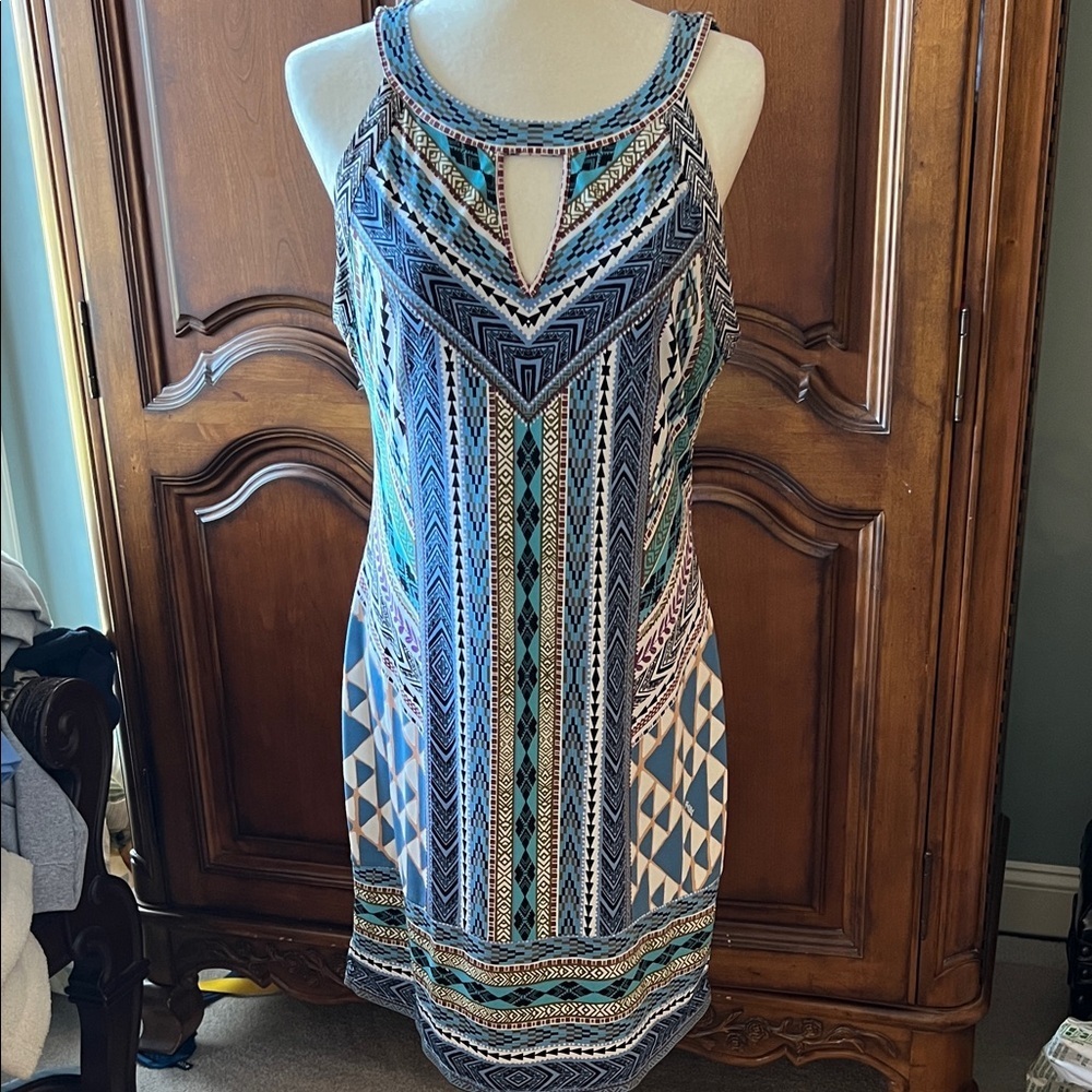 Euc Hale Bob Blue And White Geometric Mini Dress, Large